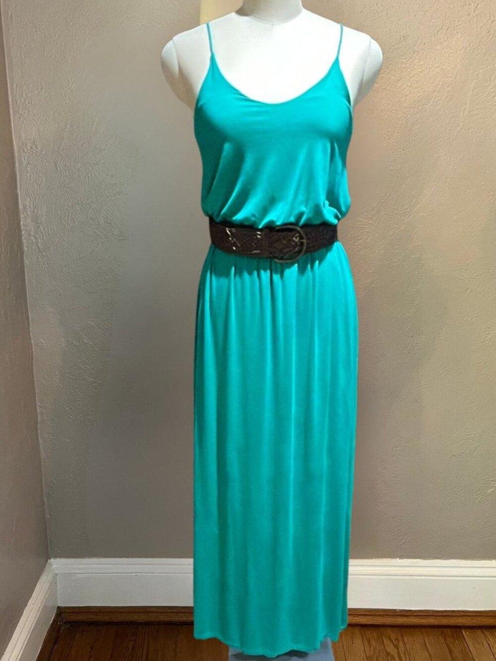 Lush Emerald Green Jersey Maxi Dress L Adjustable Strap Sundress